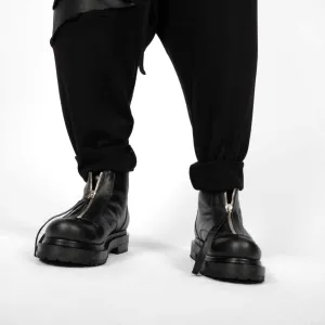 Ankle Cut Leather Flat Boots with Zippers