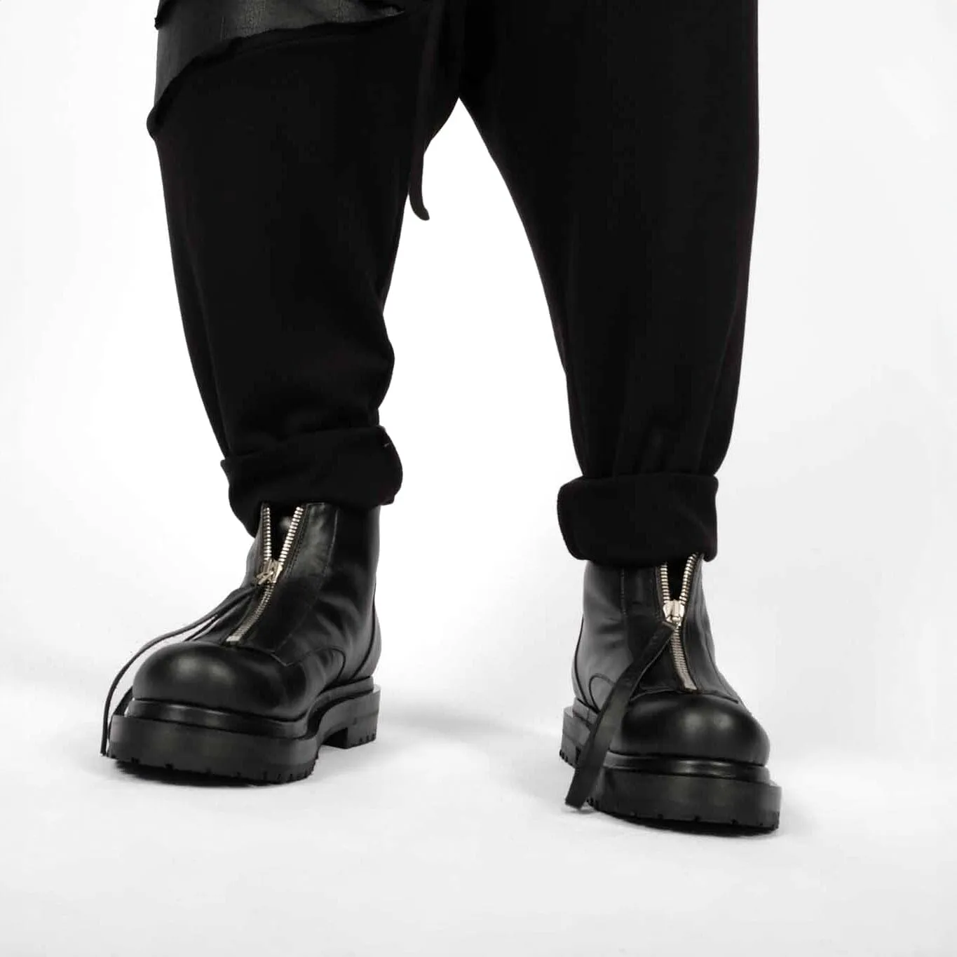 Ankle Cut Leather Flat Boots with Zippers