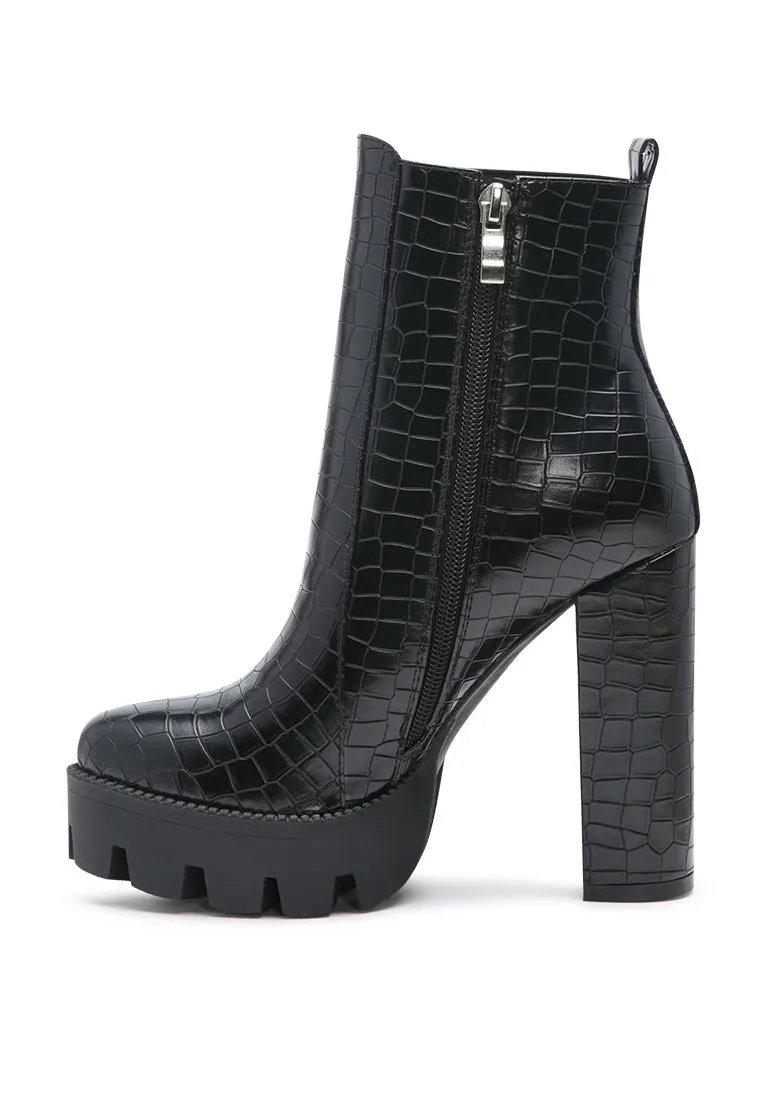 beatriz croc print block heel ankle boots