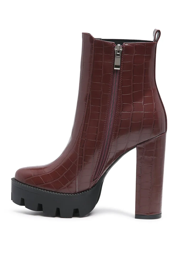 beatriz croc print block heel ankle boots