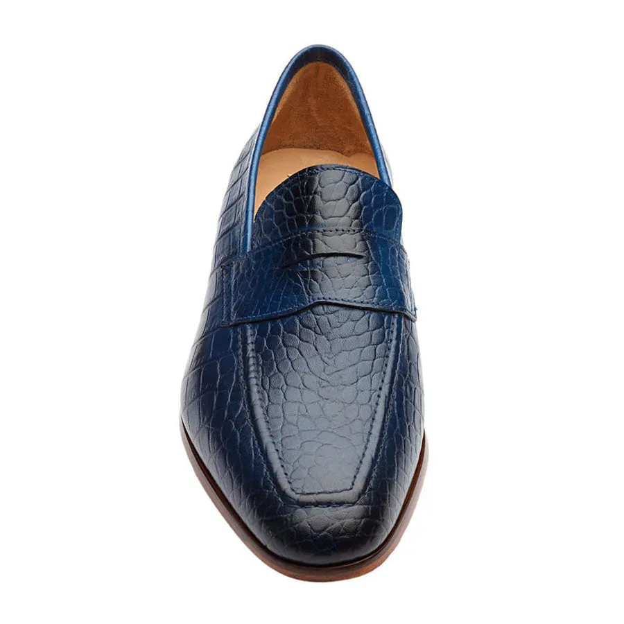 Blue Croco Penny Loafers