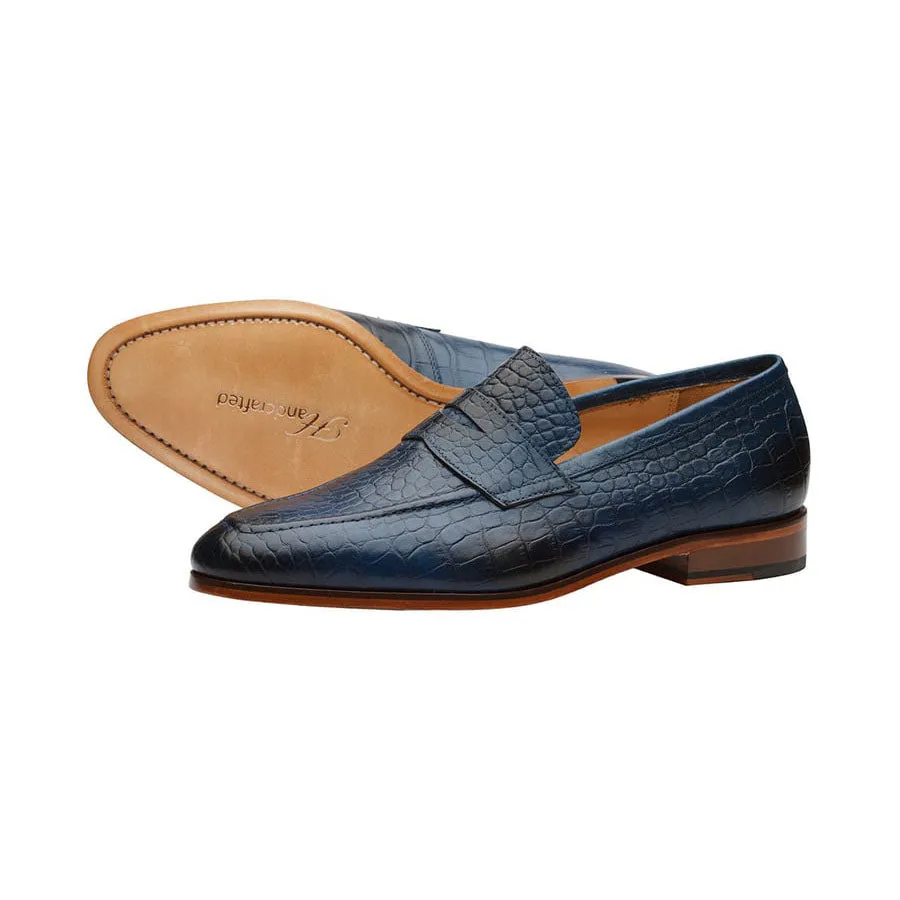 Blue Croco Penny Loafers