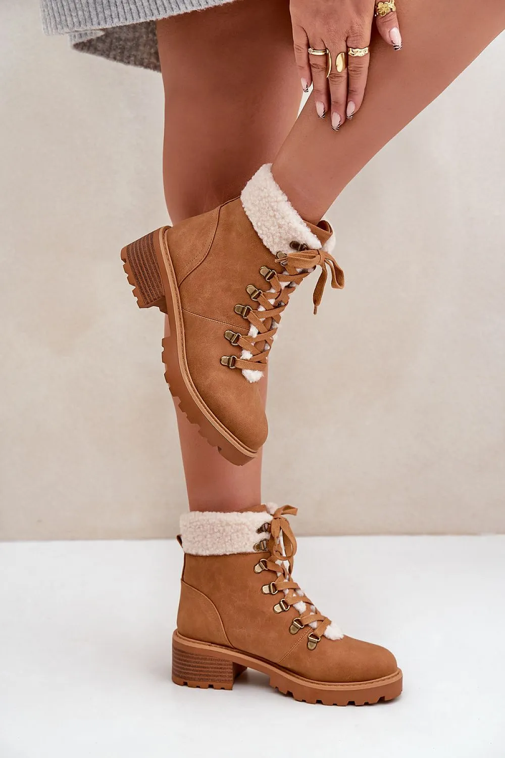 Brown low heel eco suede fur trapper shoes