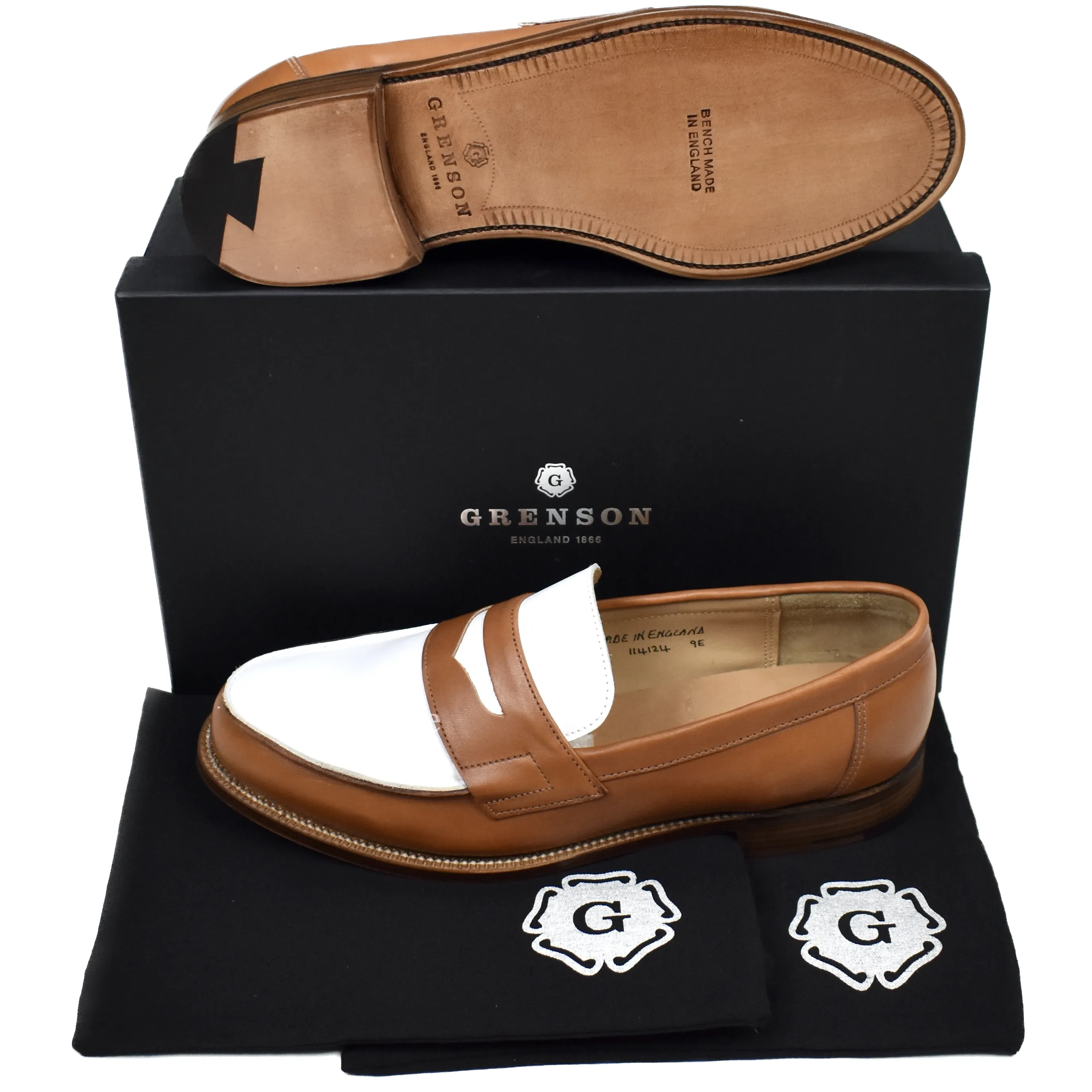 Grenson - Cognac Tan/White Leather Epsom Penny Loafers