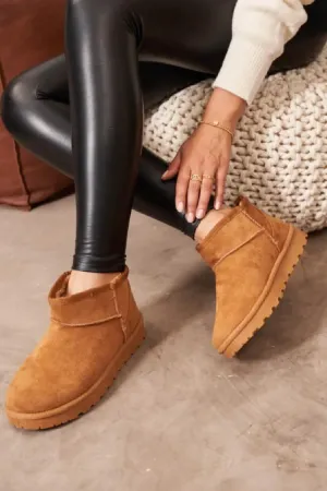 H.O.S Faux Suede Womens Fur Lined Chestnut Mini Winter Ankle Boots