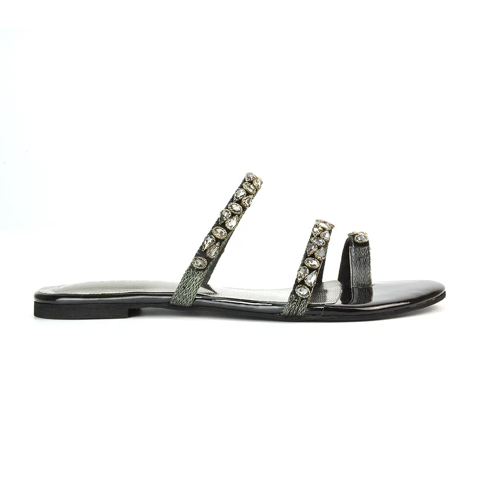 Jordana Diamante Flat Sandals Toe Post Rhinestone Summer Slides in Silver