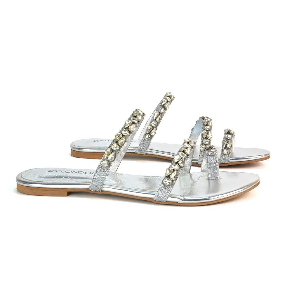 Jordana Diamante Flat Sandals Toe Post Rhinestone Summer Slides in Silver