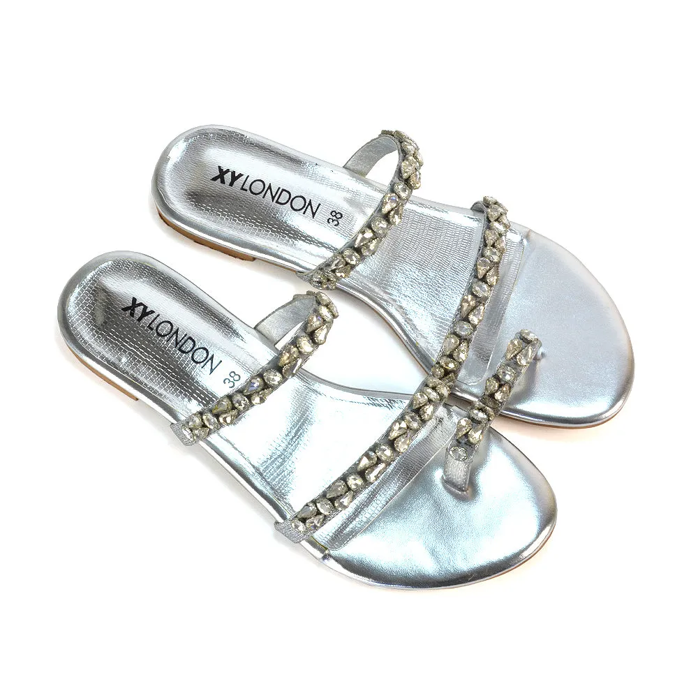 Jordana Diamante Flat Sandals Toe Post Rhinestone Summer Slides in Silver