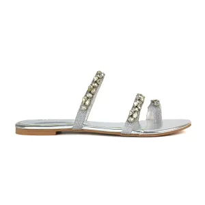 Jordana Diamante Flat Sandals Toe Post Rhinestone Summer Slides in Silver
