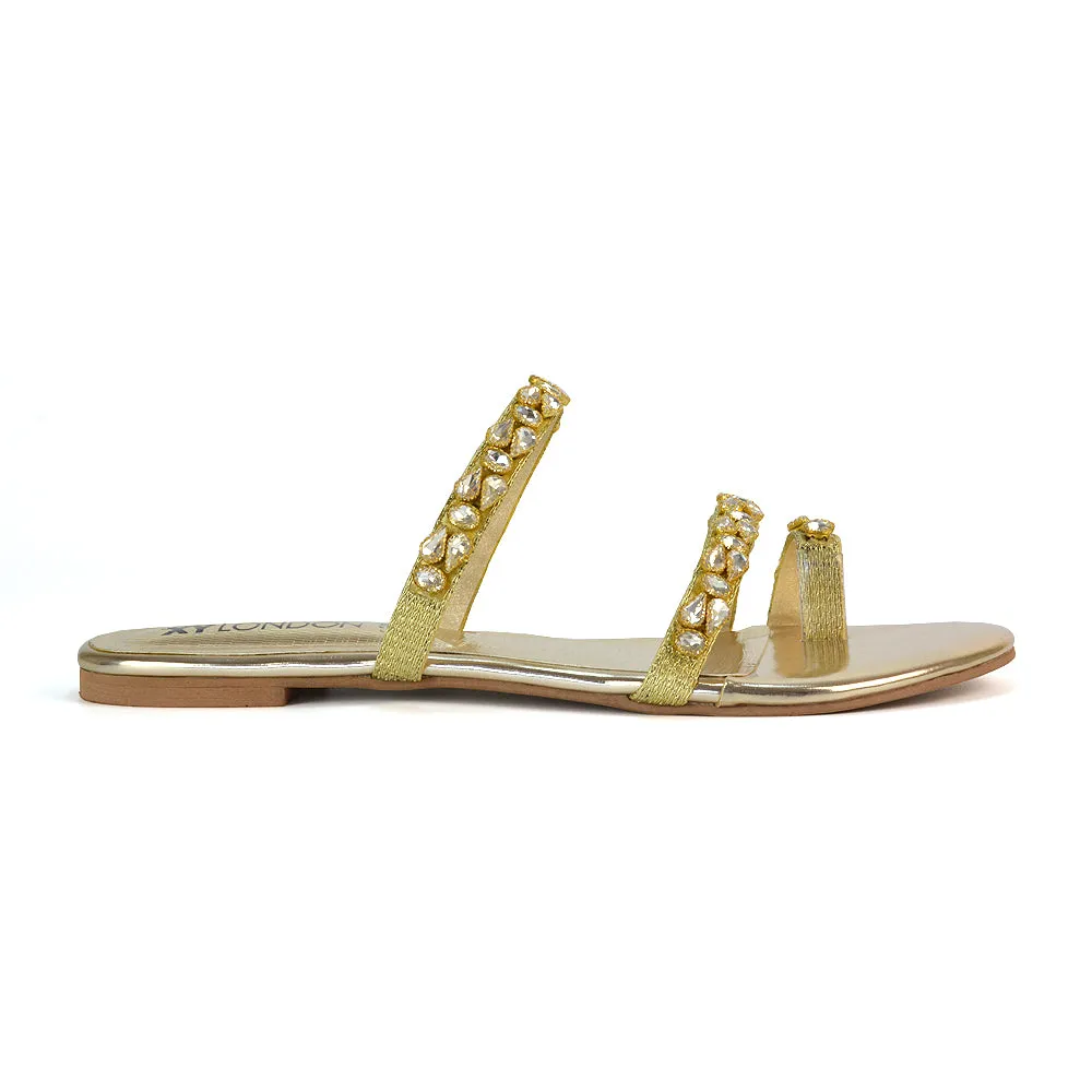 Jordana Diamante Flat Sandals Toe Post Rhinestone Summer Slides in Silver