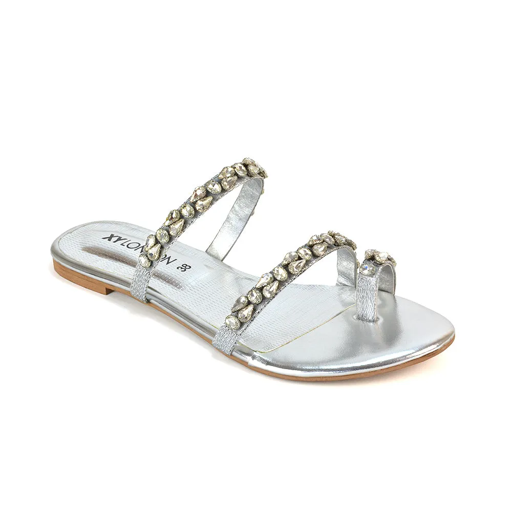 Jordana Diamante Flat Sandals Toe Post Rhinestone Summer Slides in Silver