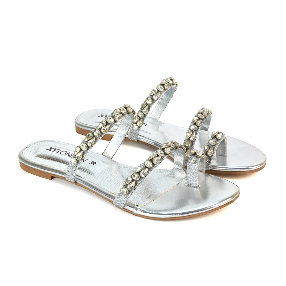 Jordana Diamante Flat Sandals Toe Post Rhinestone Summer Slides in Silver