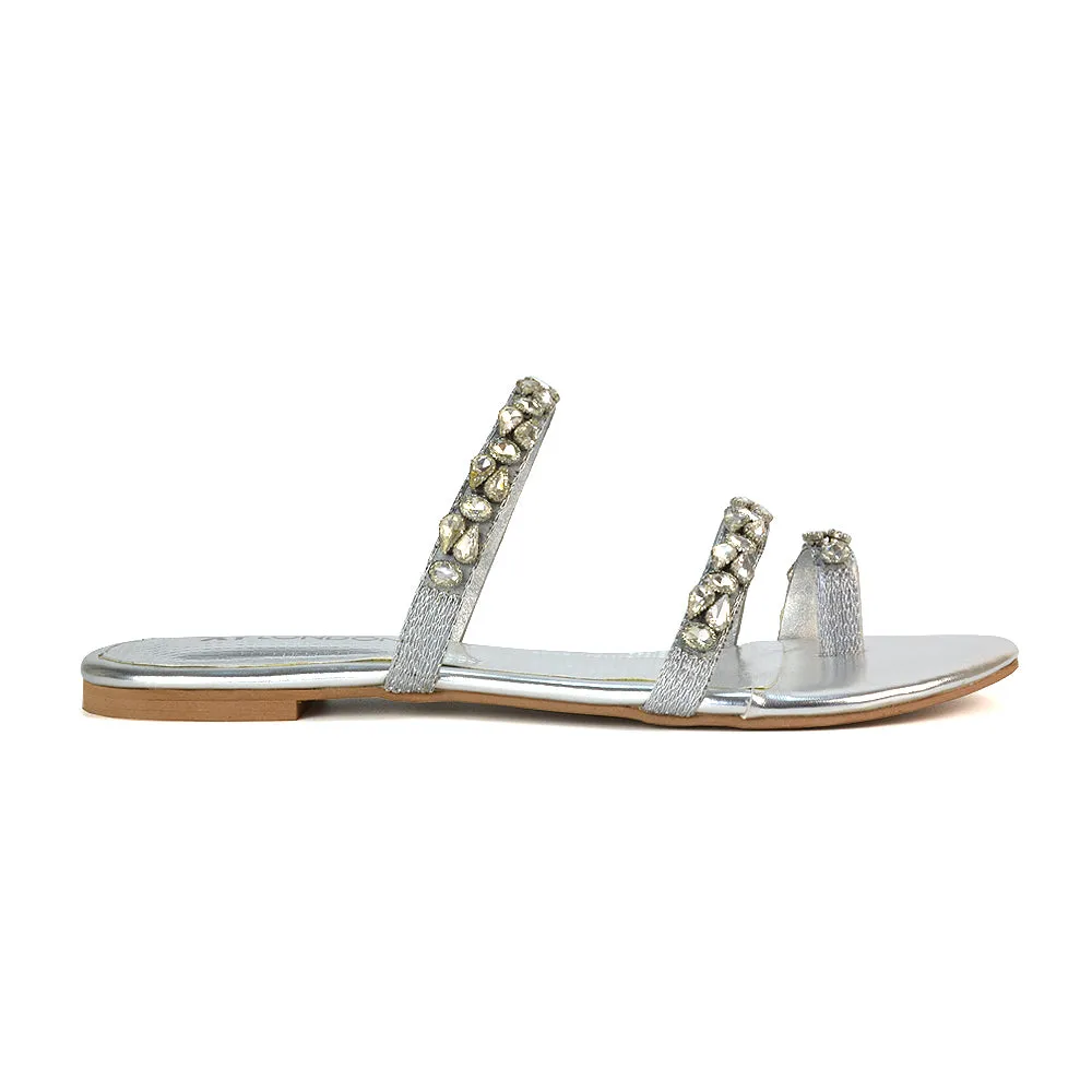 Jordana Diamante Flat Sandals Toe Post Rhinestone Summer Slides in Silver