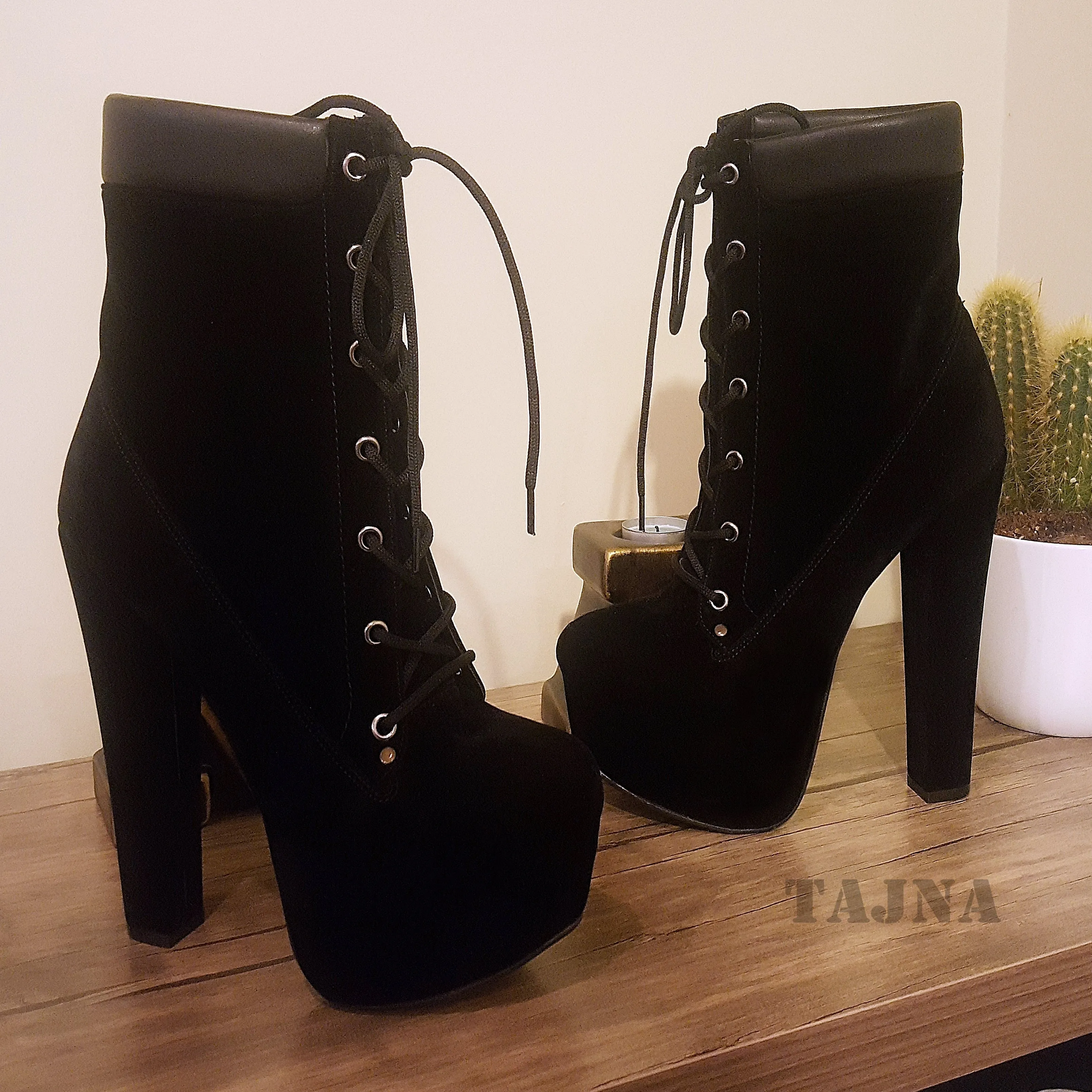 Lace Up Black Suede High Heel Boots