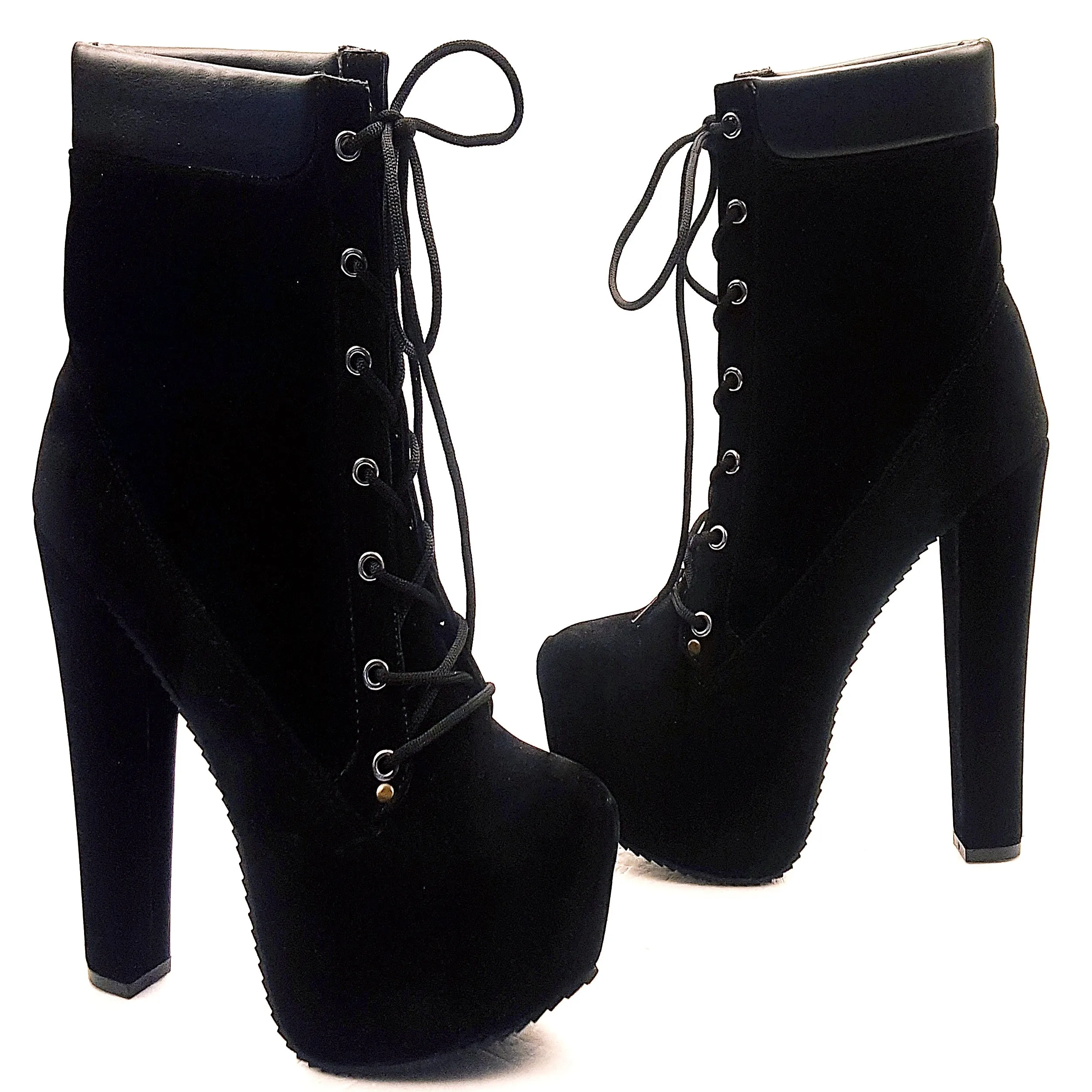 Lace Up Black Suede High Heel Boots
