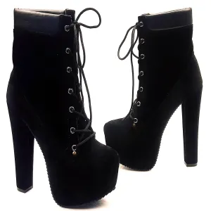 Lace Up Black Suede High Heel Boots
