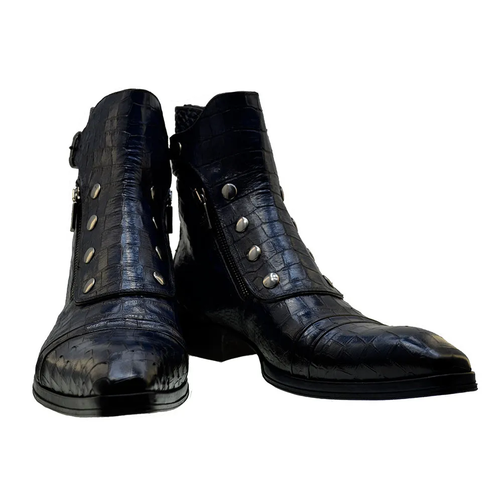 Men's Italian Shoes Jo Ghost 3206CR Blue Print Crocodile Leather Dress Boots