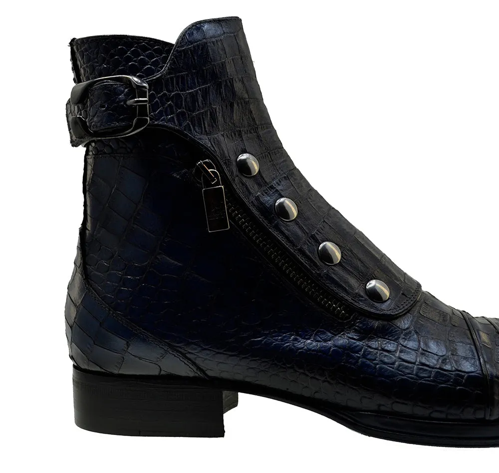 Men's Italian Shoes Jo Ghost 3206CR Blue Print Crocodile Leather Dress Boots