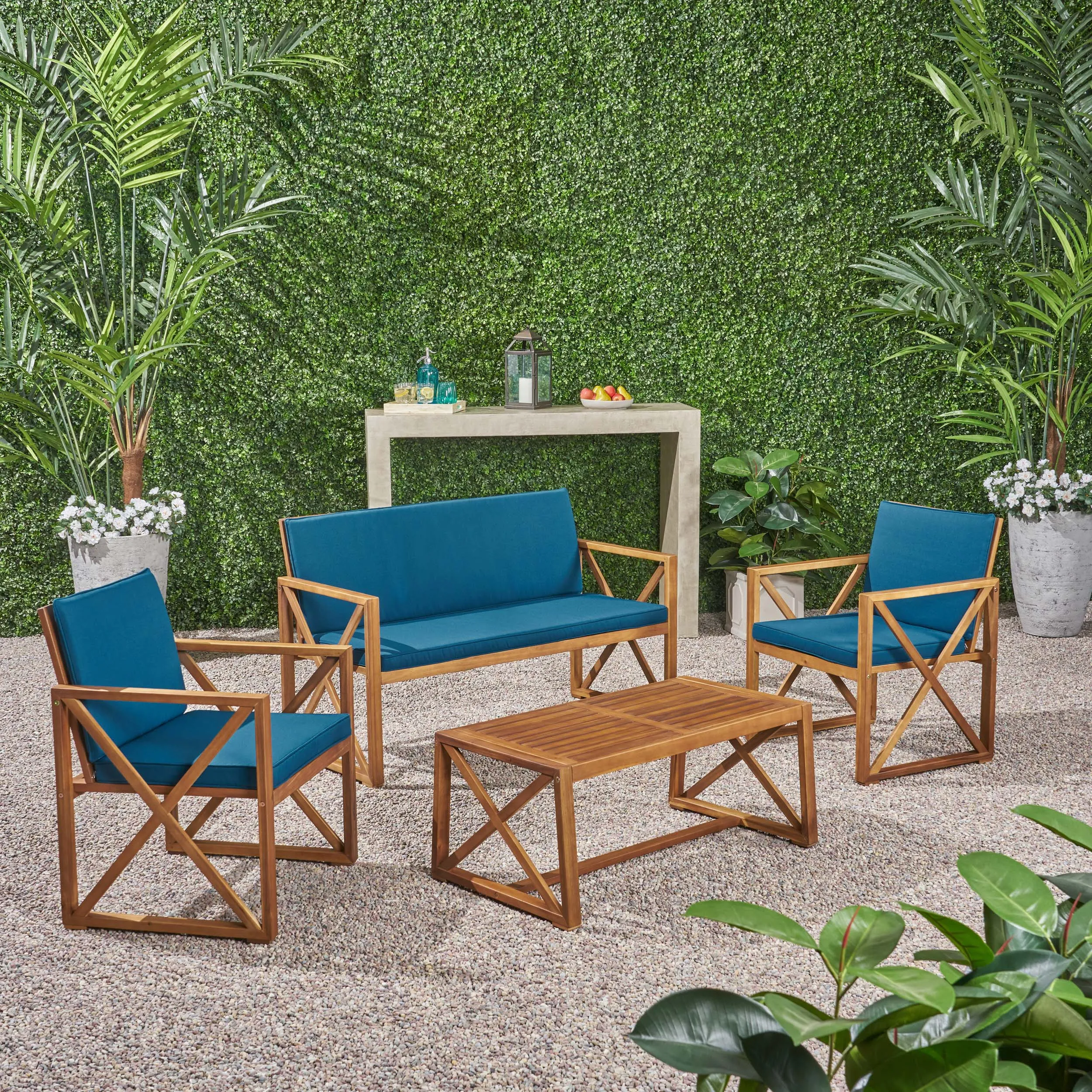 Penny Outdoor Acacia Wood 4 Piece Chat Set with Cushions