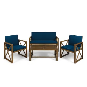 Penny Outdoor Acacia Wood 4 Piece Chat Set with Cushions