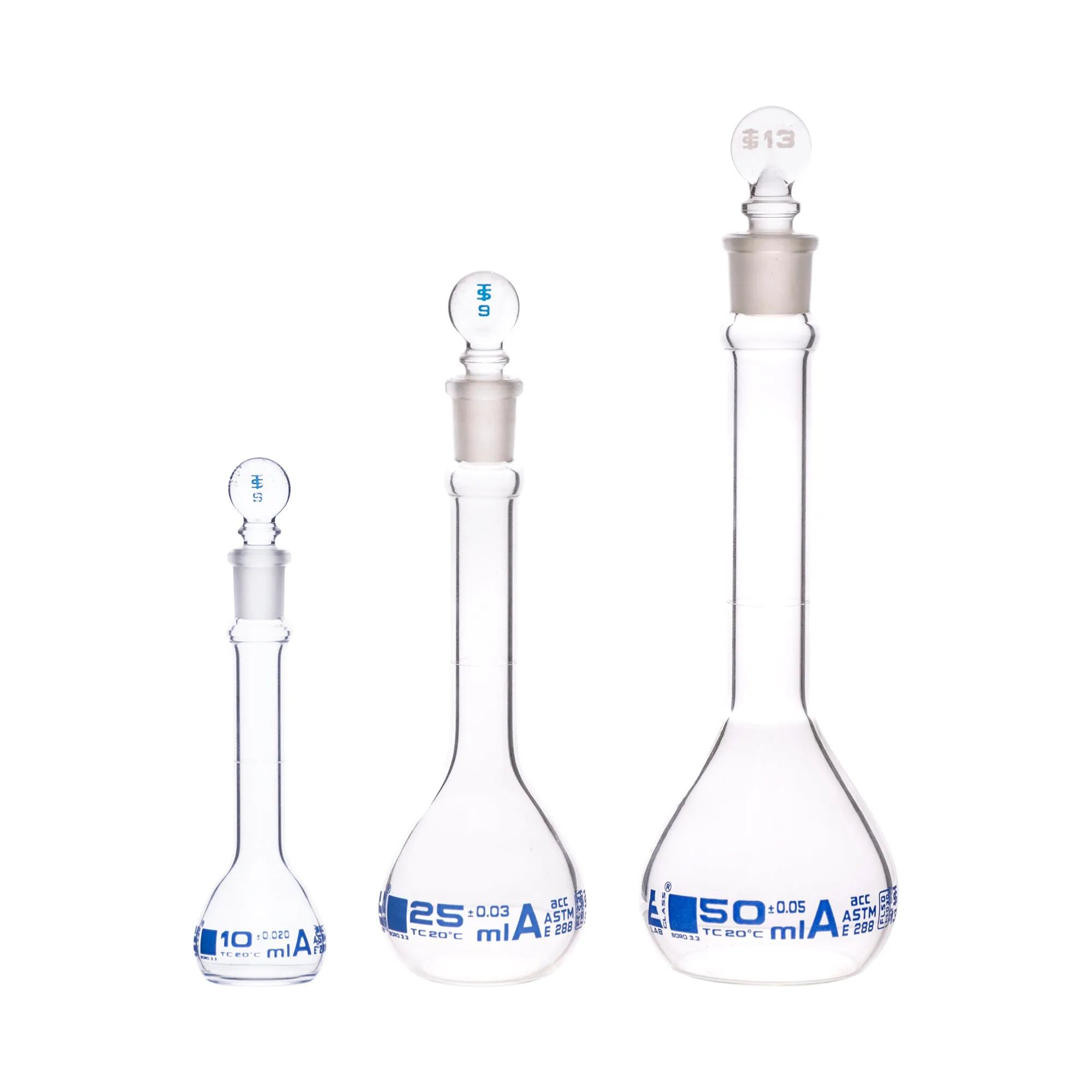 Safety Pack Volumetric Flask Set - 10ml, 25ml & 50ml - Class A, ASTM -Borosilicate 3.3 Glass