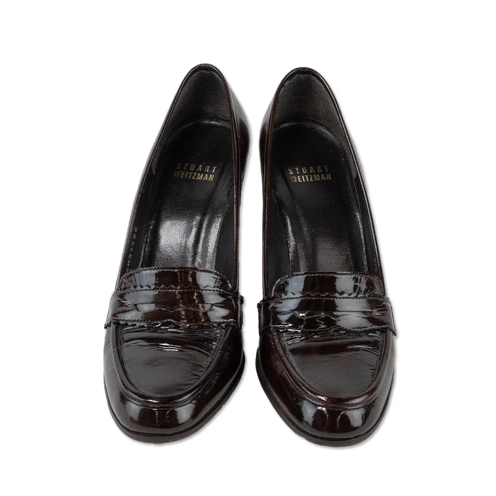 Stuart Weitzman Brown Patent Leather Penny Heeled Loafers