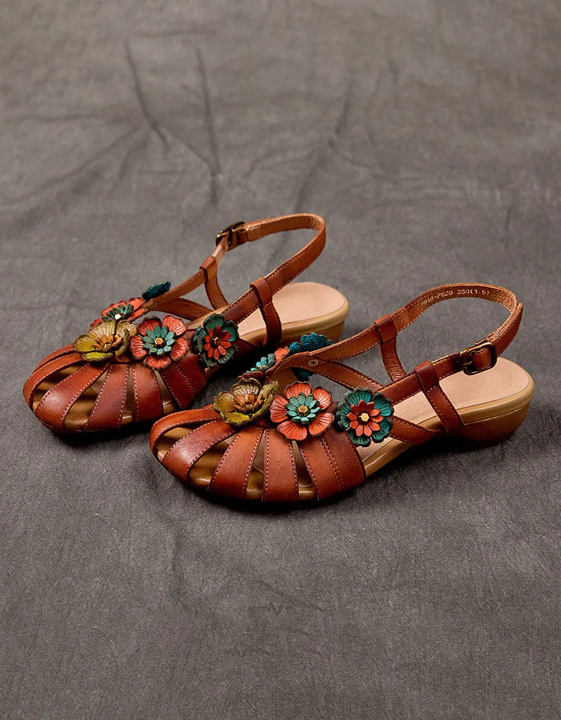 Vintage Handmade Leather Flower Sandals Slingback