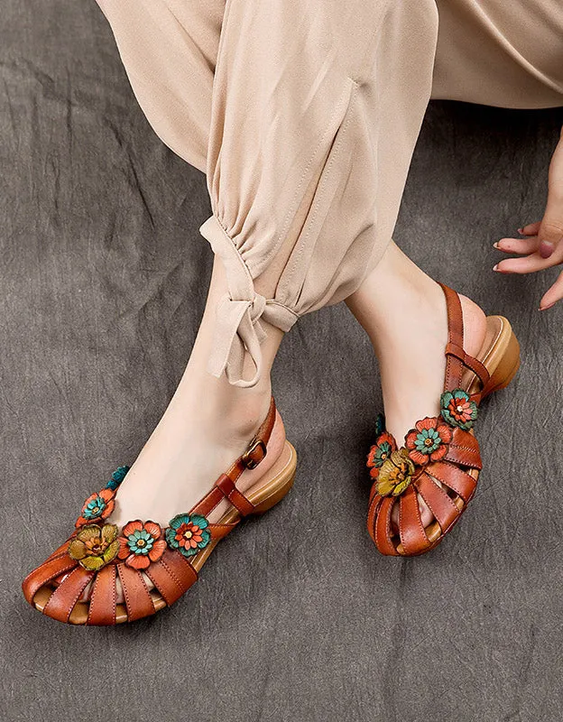 Vintage Handmade Leather Flower Sandals Slingback