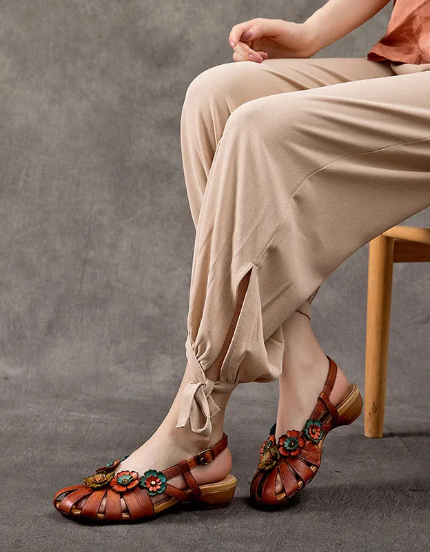 Vintage Handmade Leather Flower Sandals Slingback