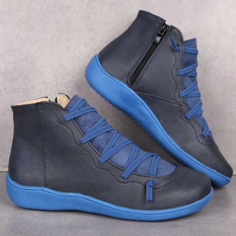 Women Booties Casual Flat Lace-up Zipper Boots