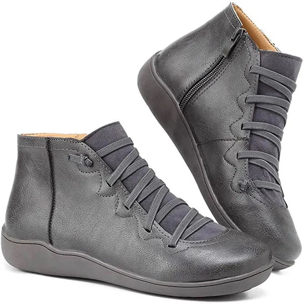 Women Booties Casual Flat Lace-up Zipper Boots