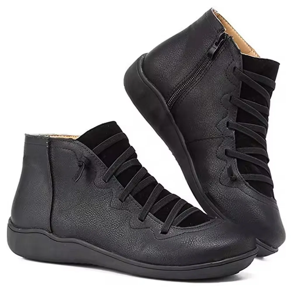 Women Booties Casual Flat Lace-up Zipper Boots