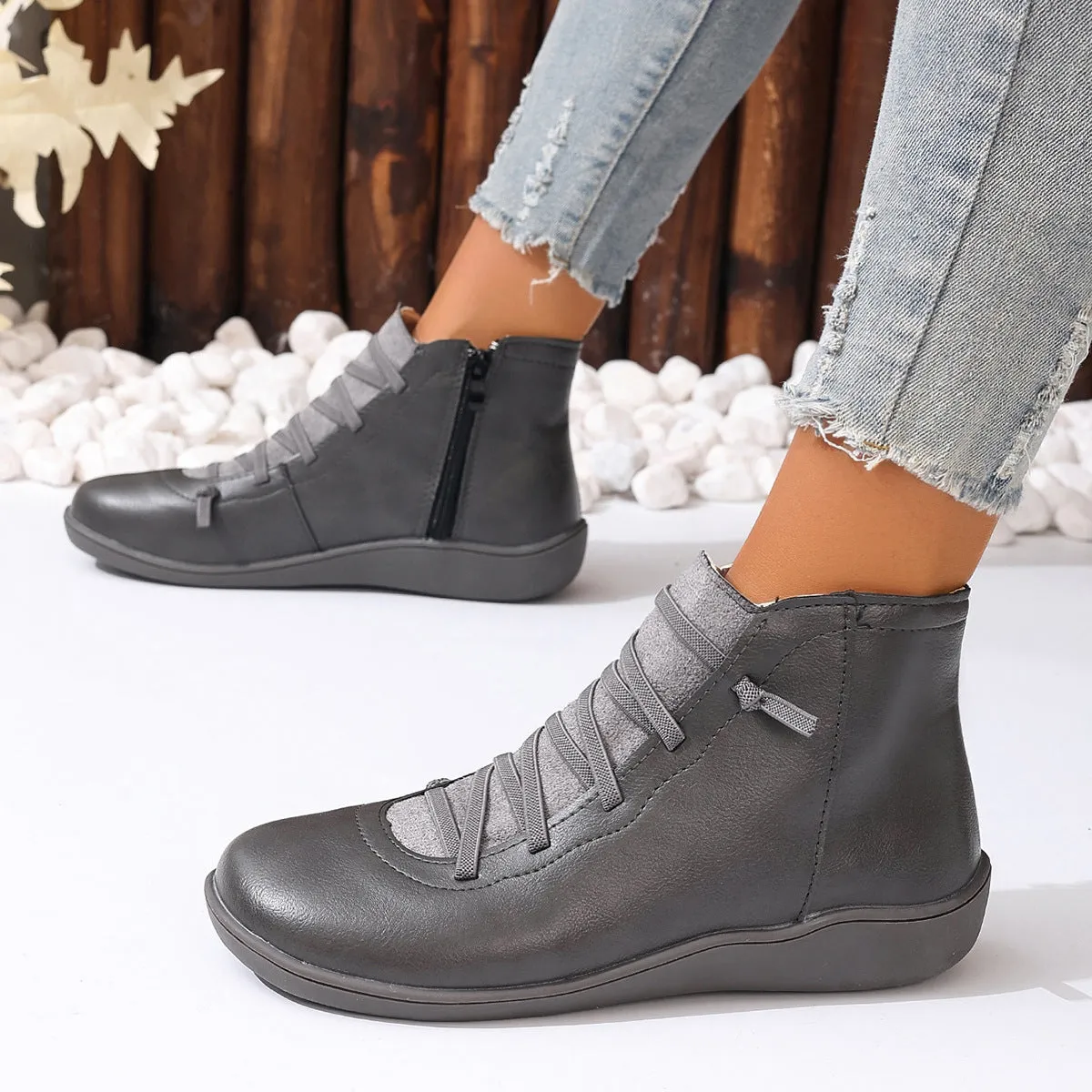 Women Booties Casual Flat Lace-up Zipper Boots