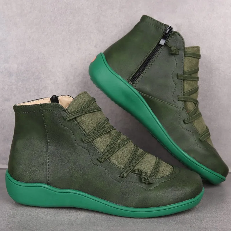 Women Booties Casual Flat Lace-up Zipper Boots