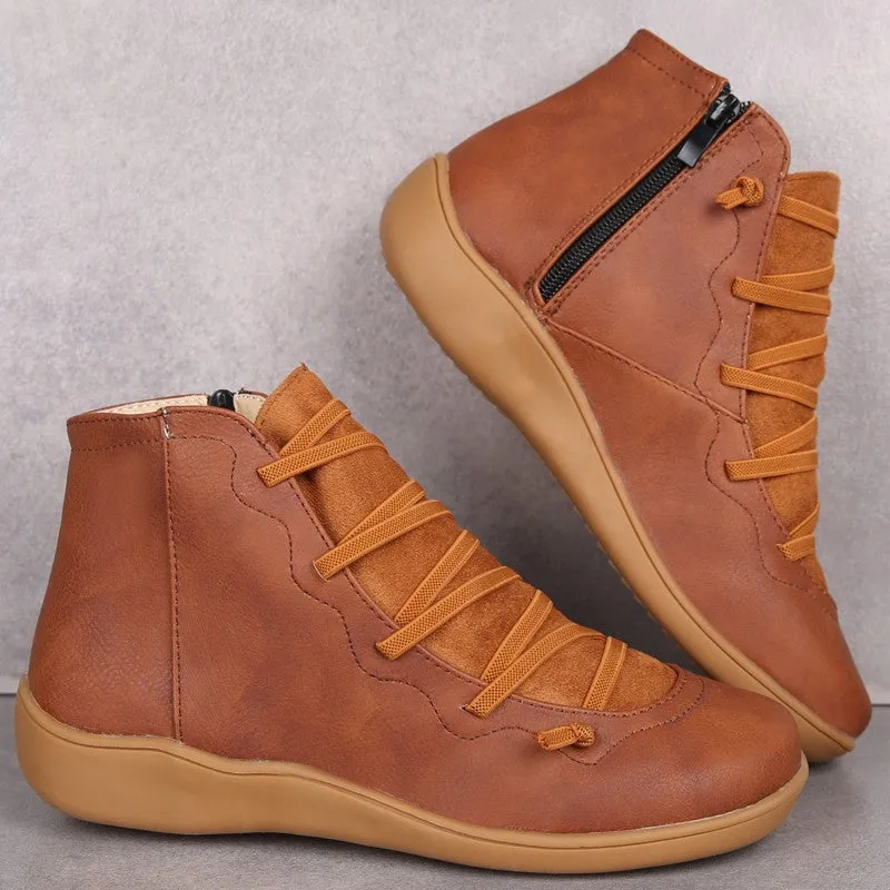 Women Booties Casual Flat Lace-up Zipper Boots