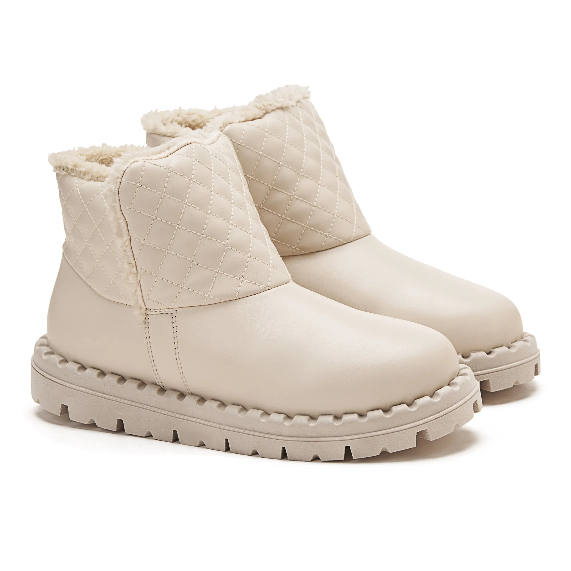 Women Quilted Fur Lined Ankle Boots - BEIGE