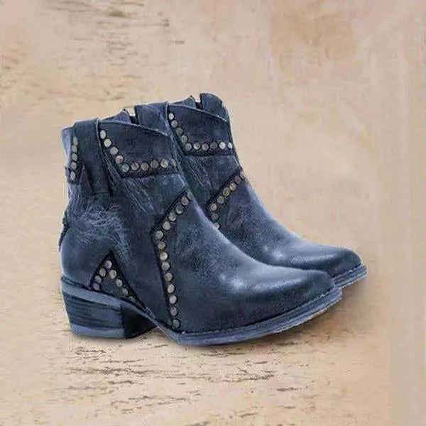 Women's Retro Star Rivet Chunky Heel Ankle Boots 25137989S
