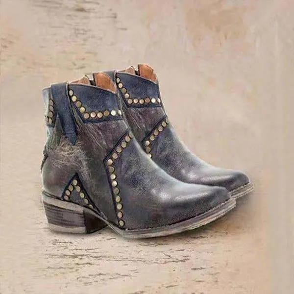 Women's Retro Star Rivet Chunky Heel Ankle Boots 25137989S